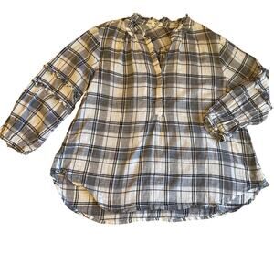 Dylan Western Wear Plaid Black & White Long Sleeve Half Button Fringe Blouse Med